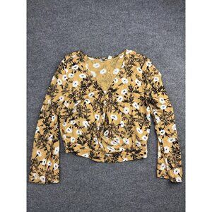 Roxy Shirt Womens Large Yellow Floral Long Sleeve Wrap V-Neck Tie Front Cropped